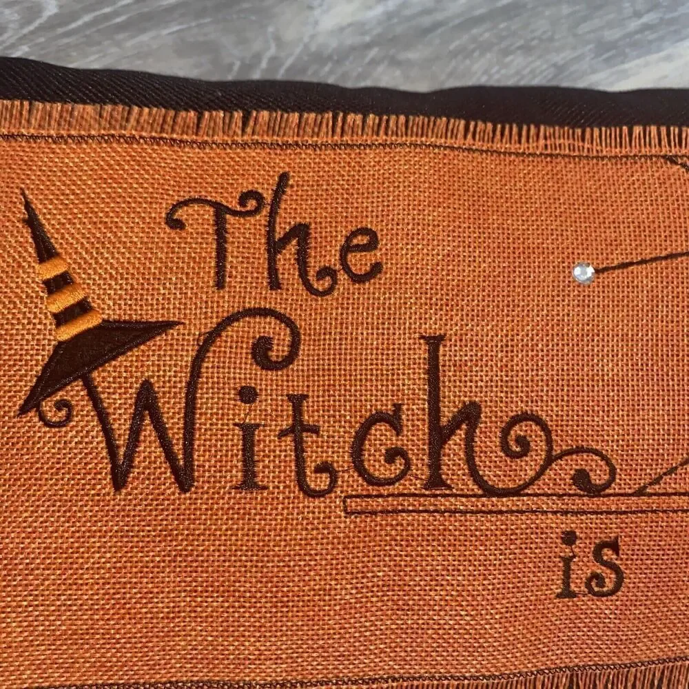 Canvas Glam “The Witch Is In” Pumpkin Witch Pillow Halloween Decor Orange
